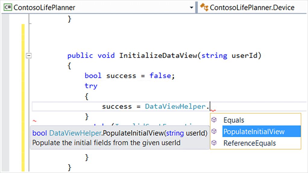 IntelliSense kod düzenleyicisinin ekran görüntüsü